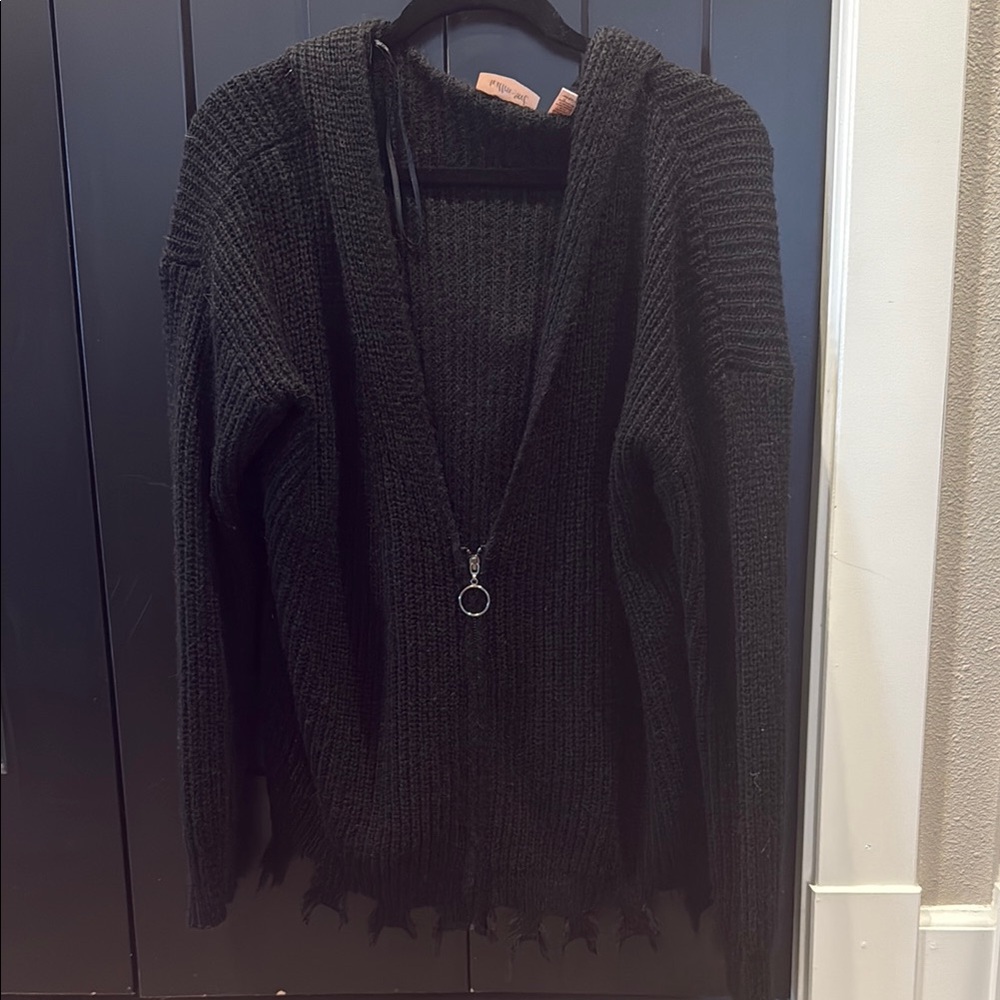 Willow+Root Black V-Neck Zip Front Distressed Knit Sweater Hoodie